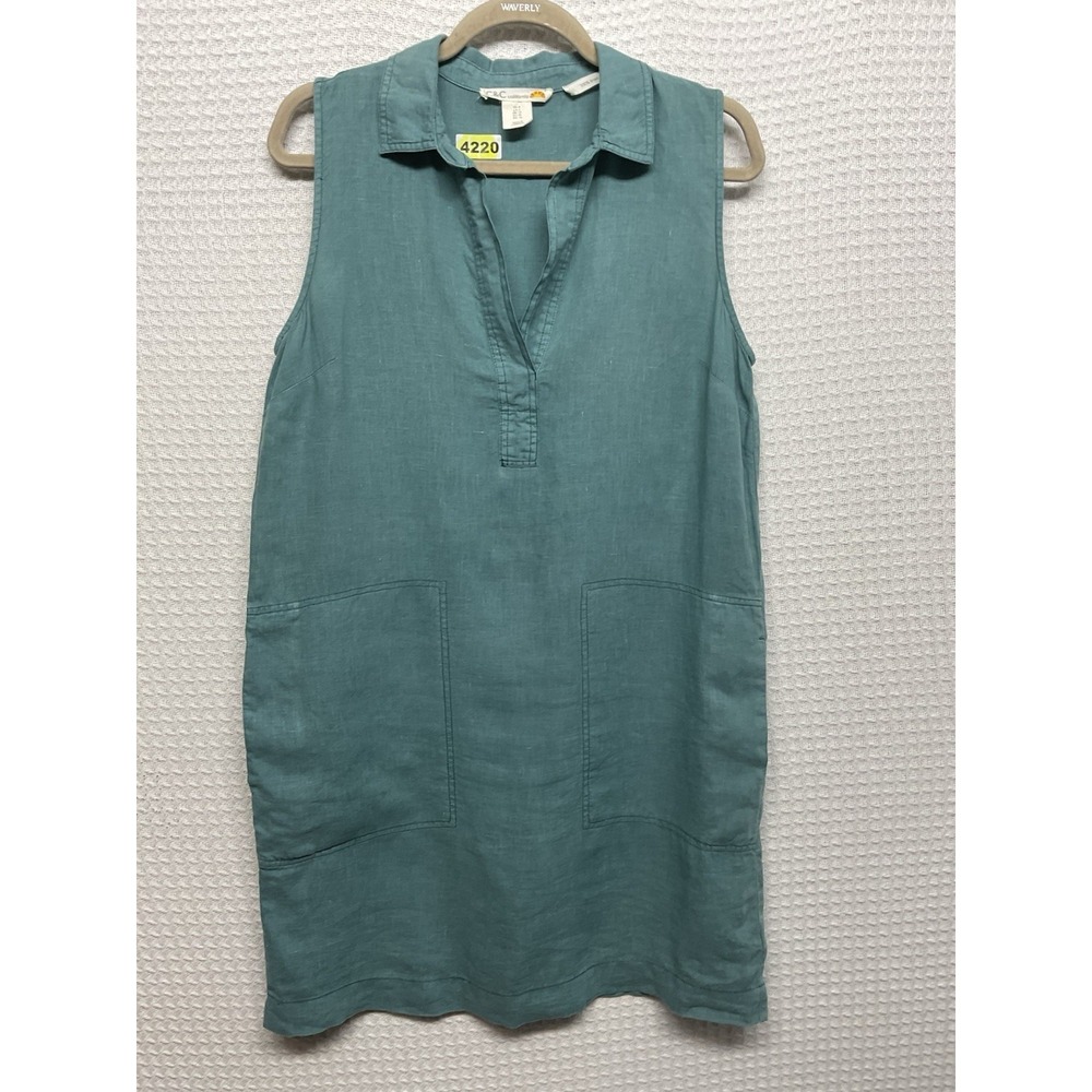 NEW C & C California Womens Sz 6 Teal Sleeveless Shirt Dress 100% Linen Pockets